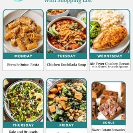 A weekly meal plan with photos of pasta, soup, chicken, salad, curry, and brownies for each day, plus a bonus dessert.