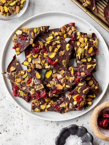 Homemade chocolate bark on plate.