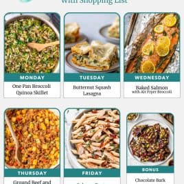 Weekly meal plan with photos of broccoli skillet, squash lasagna, baked salmon, sheet pan potatoes, salmon pasta, and chocolate bark.