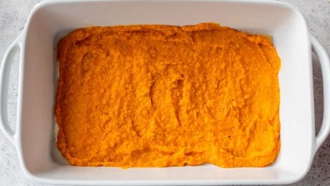 Butternut squash puree spread into baking dish.