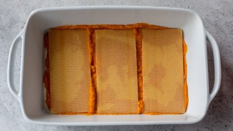 3 no bake lasagna noodles layered over butternut squash puree.