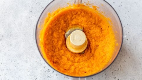 Butternut squash puree in food processor.