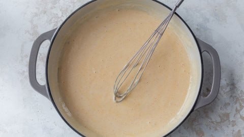 Whisk in skillet of cottage cheese mac and cheese sauce.