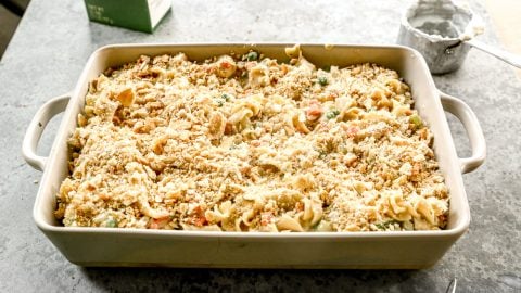 Chicken noodle casserole in baking dish.