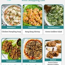 Weekly meal plan images: chicken soup, shrimp, salad, lettuce wraps, mushroom pizza, and peanut butter banana cookies.