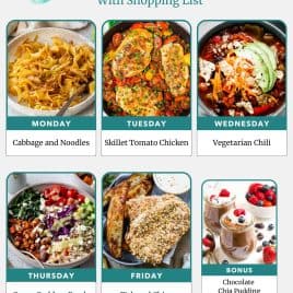 Weekly meal plan with photos: cabbage noodles, skillet tomato chicken, chili, salad bowl, fish and chips, chocolate pudding.