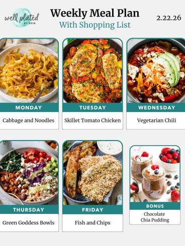 Weekly meal plan with photos: cabbage noodles, skillet tomato chicken, chili, salad bowl, fish and chips, chocolate pudding.