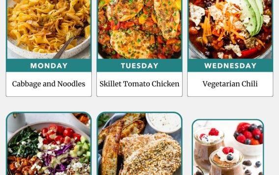 Weekly meal plan with photos: cabbage noodles, skillet tomato chicken, chili, salad bowl, fish and chips, chocolate pudding.