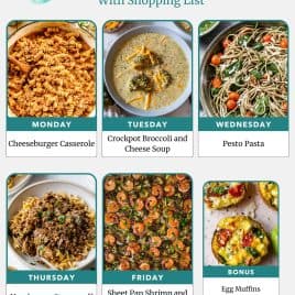 Weekly meal plan with images of cheeseburger casserole, soup, pesto pasta, stroganoff, shrimp, and egg muffins.