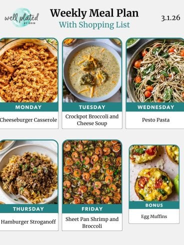 Weekly meal plan with images of cheeseburger casserole, soup, pesto pasta, stroganoff, shrimp, and egg muffins.