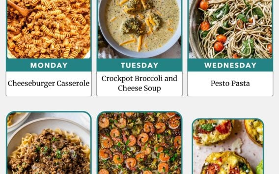 Weekly meal plan with images of cheeseburger casserole, soup, pesto pasta, stroganoff, shrimp, and egg muffins.