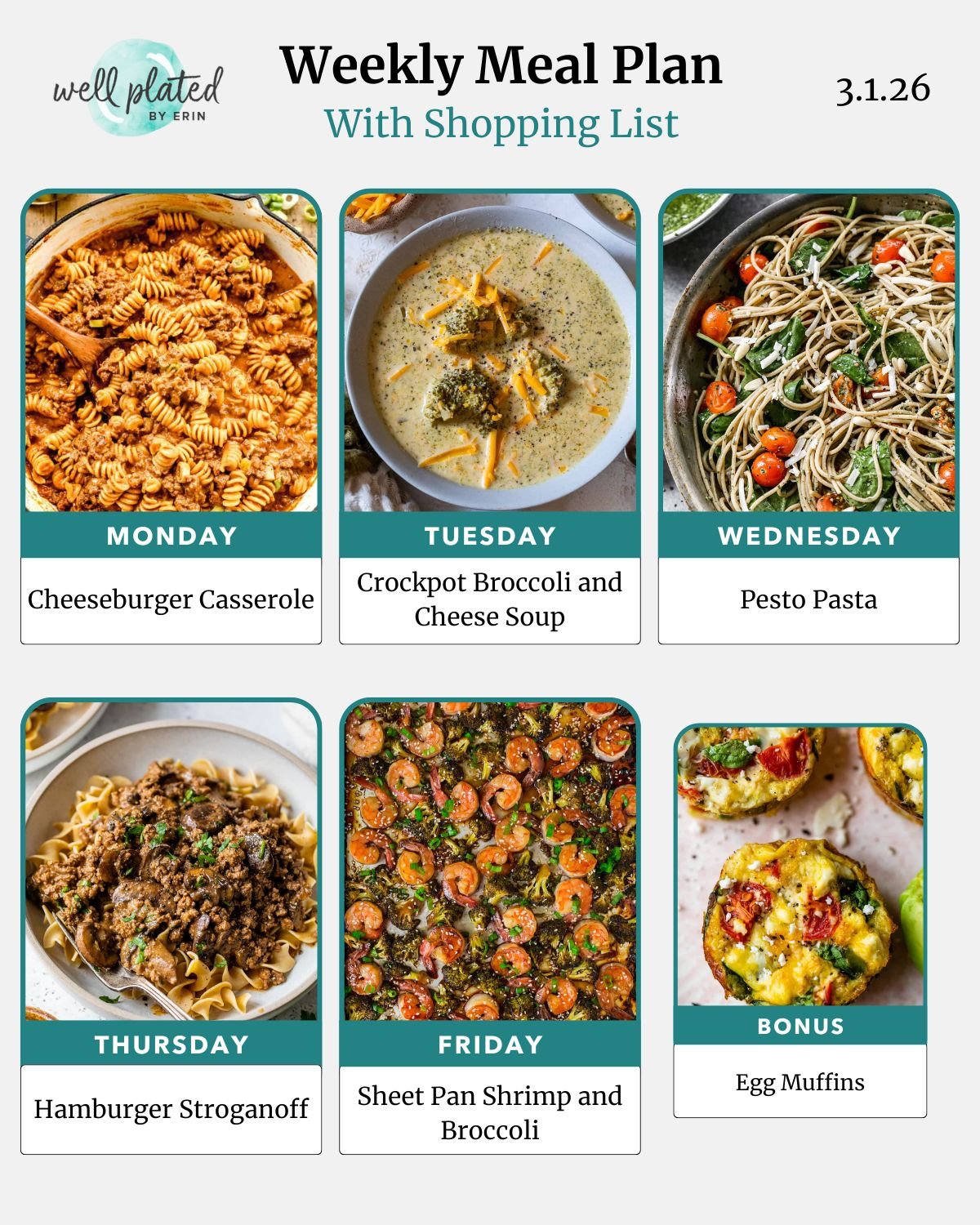 Weekly meal plan with images of cheeseburger casserole, soup, pesto pasta, stroganoff, shrimp, and egg muffins.