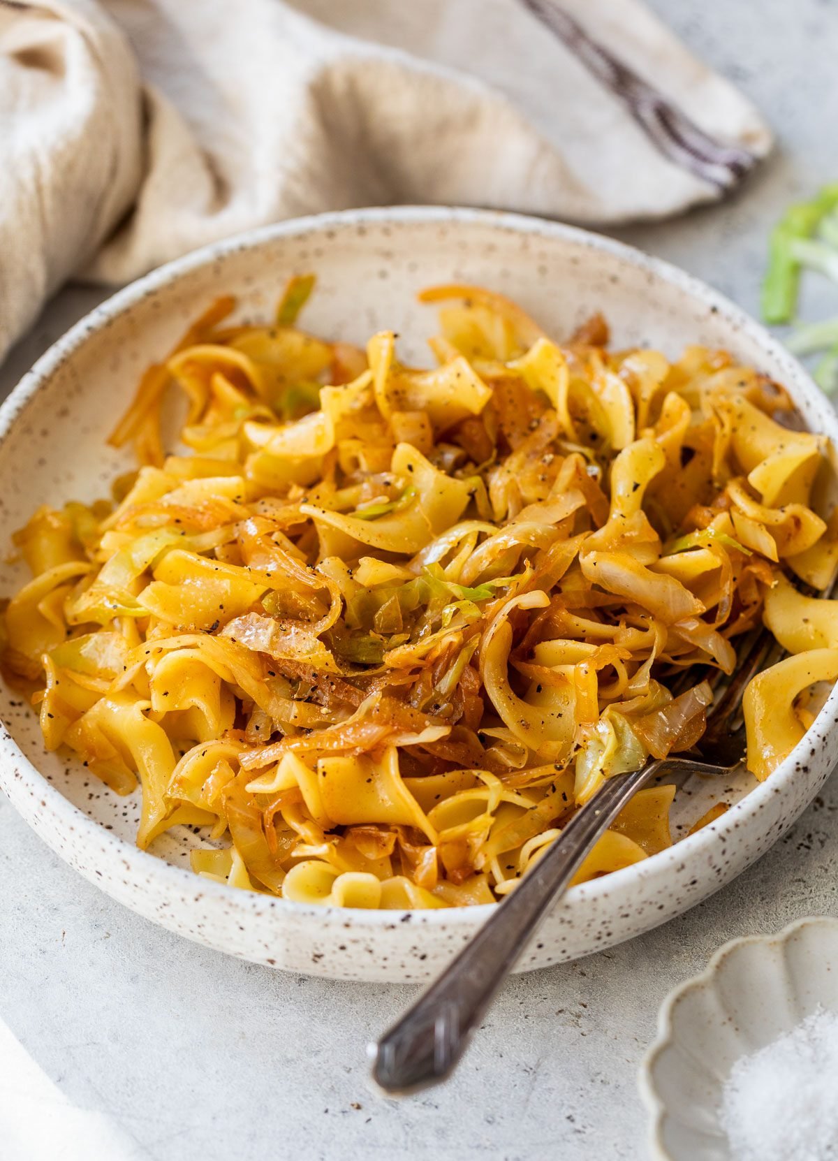 A bowl of cabbage and noodles, with a fork resting on the plate.