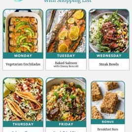 Weekly meal plan with images: enchiladas, baked salmon, steak bowls, salmon tacos, steak fried rice, and breakfast bars.