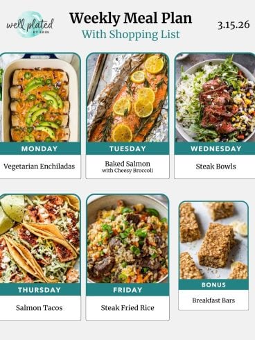 Weekly meal plan with images: enchiladas, baked salmon, steak bowls, salmon tacos, steak fried rice, and breakfast bars.