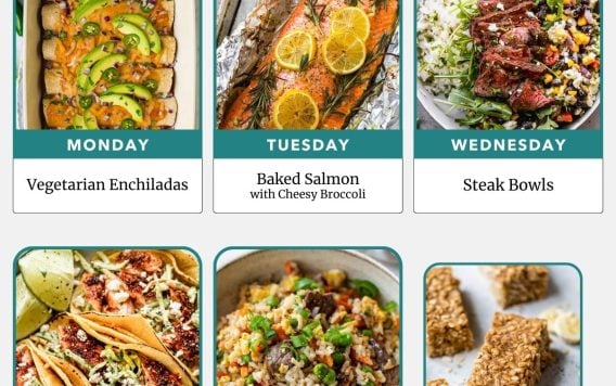 Weekly meal plan with images: enchiladas, baked salmon, steak bowls, salmon tacos, steak fried rice, and breakfast bars.