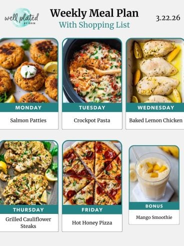 Weekly meal plan with images: salmon patties, crockpot pasta, baked lemon chicken, cauliflower steaks, pizza, smoothie.