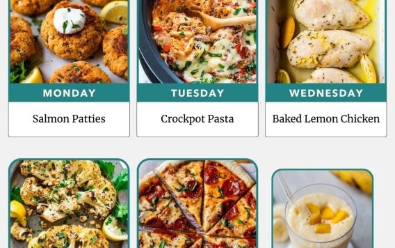 Weekly meal plan with images: salmon patties, crockpot pasta, baked lemon chicken, cauliflower steaks, pizza, smoothie.