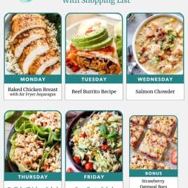 Weekly meal plan with images of baked chicken, beef burrito, salmon chowder, chicken salad, orzo pasta, and oatmeal bars.