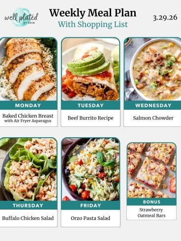 Weekly meal plan with images of baked chicken, beef burrito, salmon chowder, chicken salad, orzo pasta, and oatmeal bars.