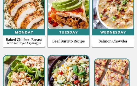 Weekly meal plan with images of baked chicken, beef burrito, salmon chowder, chicken salad, orzo pasta, and oatmeal bars.