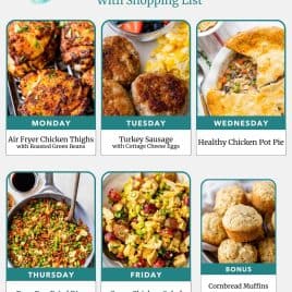 Weekly meal plan with images of chicken thighs, sausage, pot pie, egg fried rice, chicken salad, and cornbread muffins.