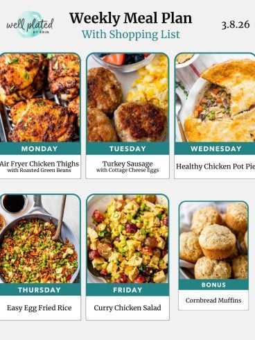 Weekly meal plan with images of chicken thighs, sausage, pot pie, egg fried rice, chicken salad, and cornbread muffins.