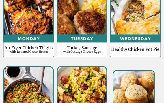 Weekly meal plan with images of chicken thighs, sausage, pot pie, egg fried rice, chicken salad, and cornbread muffins.