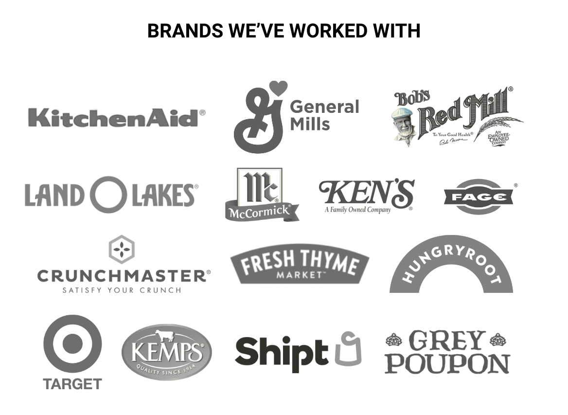 Logos of brands including KitchenAid, General Mills, Bobโs Red Mill, Land OโLakes, McCormick, Kenโs, FAGE, and others.