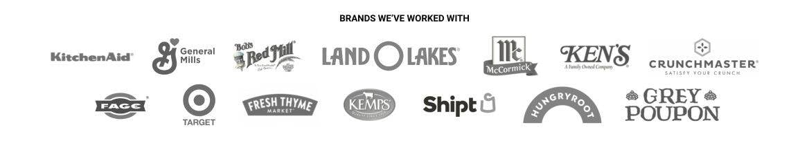 Logos of brands including KitchenAid, General Mills, Land O'Lakes, Ken's, Crunchmaster, Fage, Target, and others.