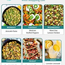 Weekly meal plan with images of avocado pasta, stuffed peppers, lemon chicken, zucchini stir fry, tacos, and lemonade.