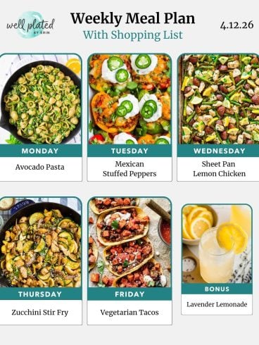 Weekly meal plan with images of avocado pasta, stuffed peppers, lemon chicken, zucchini stir fry, tacos, and lemonade.