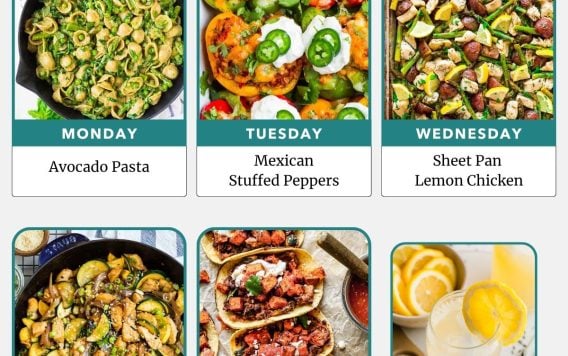 Weekly meal plan with images of avocado pasta, stuffed peppers, lemon chicken, zucchini stir fry, tacos, and lemonade.