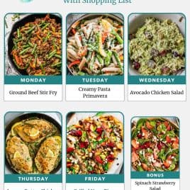 Weekly meal plan with images of six colorful dishes: beef stir fry, pasta primavera, chicken salad, butter chicken, pizza, salad.