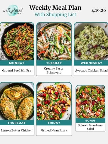 Weekly meal plan with images of six colorful dishes: beef stir fry, pasta primavera, chicken salad, butter chicken, pizza, salad.