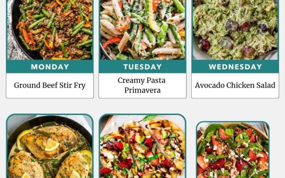 Weekly meal plan with images of six colorful dishes: beef stir fry, pasta primavera, chicken salad, butter chicken, pizza, salad.