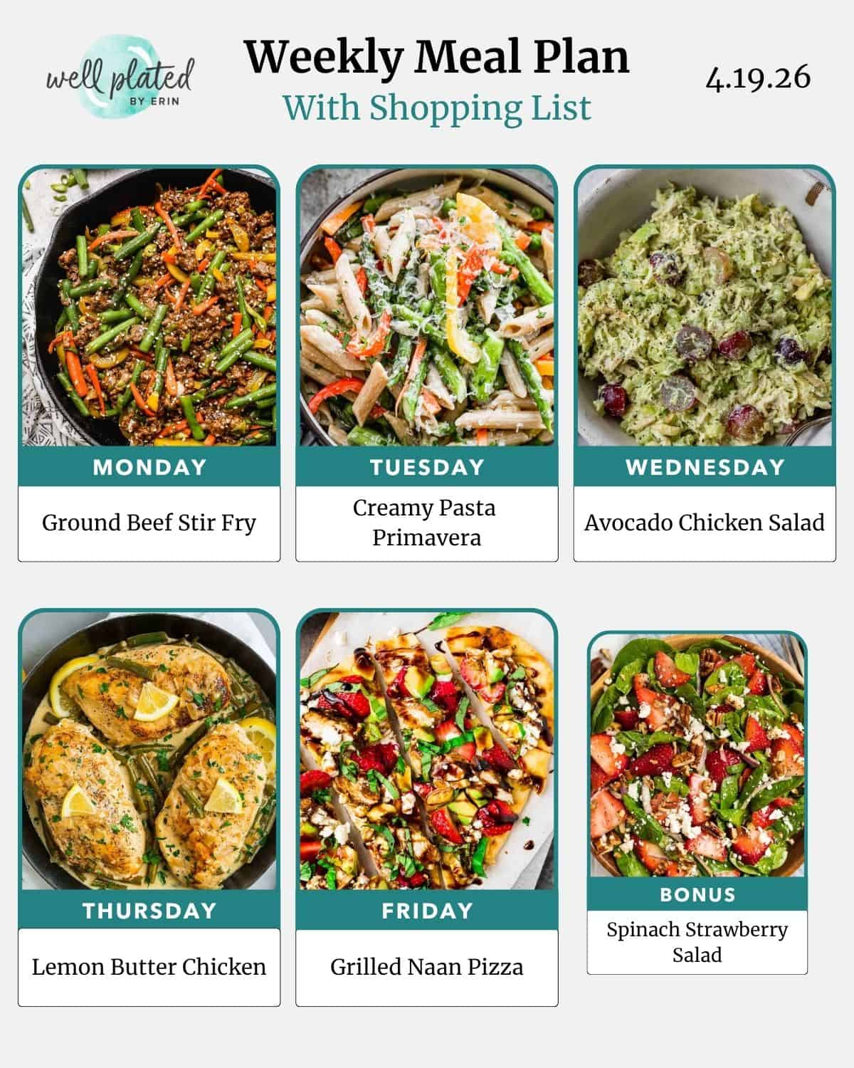 Weekly meal plan with images of six colorful dishes: beef stir fry, pasta primavera, chicken salad, butter chicken, pizza, salad.