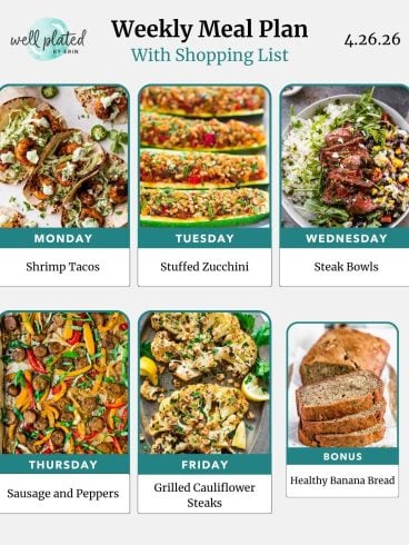 Weekly meal plan with images of shrimp tacos, stuffed zucchini, steak bowls, sausage and peppers, cauliflower steaks, and banana bread.