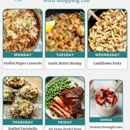 Weekly meal plan with images of stuffed pepper casserole, garlic butter shrimp, cauliflower pasta, mushrooms, pork chops, and parfait.
