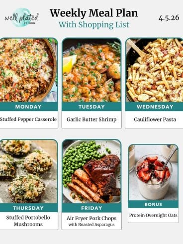 Weekly meal plan with images of stuffed pepper casserole, garlic butter shrimp, cauliflower pasta, mushrooms, pork chops, and parfait.