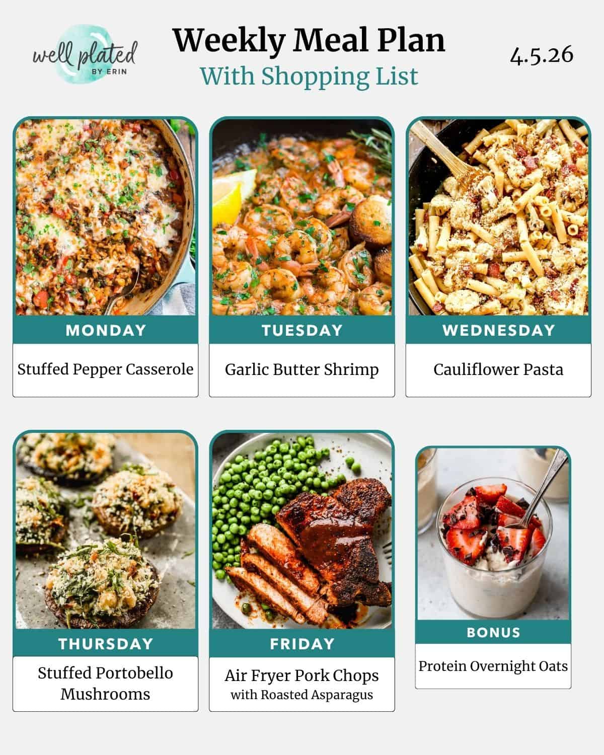 Weekly meal plan with images of stuffed pepper casserole, garlic butter shrimp, cauliflower pasta, mushrooms, pork chops, and parfait.