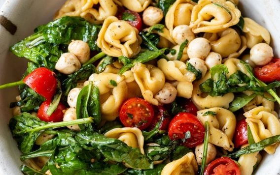 Bowl of tortellini pasta salad with spinach, cherry tomatoes, mozzarella balls, and herbs on a light surface.