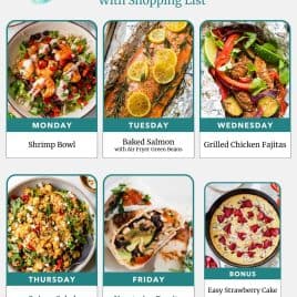Weekly meal plan with images of shrimp bowl, baked salmon, chicken fajitas, quinoa salad, burrito, and strawberry cake.