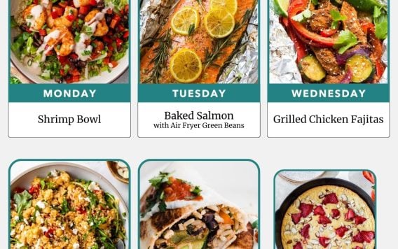 Weekly meal plan with images of shrimp bowl, baked salmon, chicken fajitas, quinoa salad, burrito, and strawberry cake.