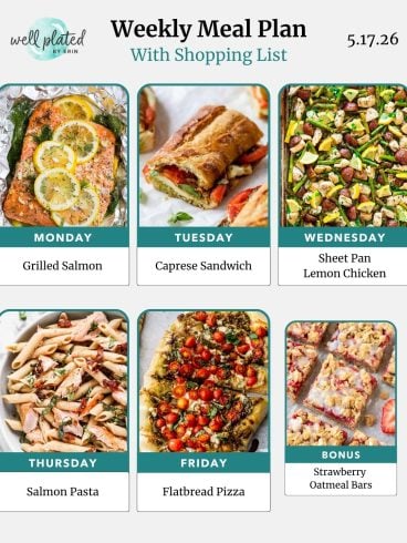 Weekly meal plan with images of grilled salmon, caprese sandwich, lemon chicken, salmon pasta, flatbread pizza, and oatmeal bars.