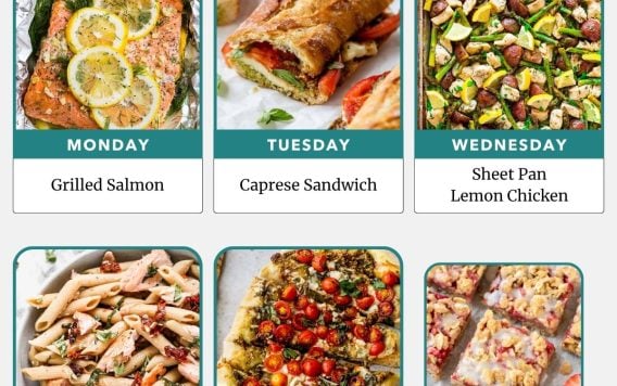 Weekly meal plan with images of grilled salmon, caprese sandwich, lemon chicken, salmon pasta, flatbread pizza, and oatmeal bars.