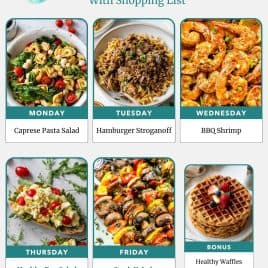 Weekly meal plan with photos: Caprese pasta salad, stroganoff, BBQ shrimp, egg salad, steak kabob, and healthy waffles.