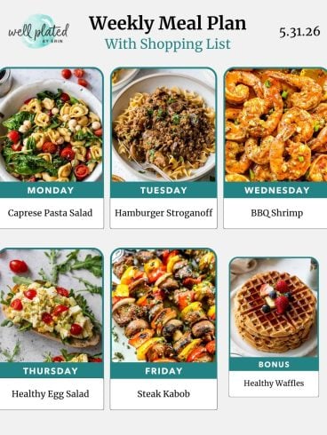 Weekly meal plan with photos: Caprese pasta salad, stroganoff, BBQ shrimp, egg salad, steak kabob, and healthy waffles.