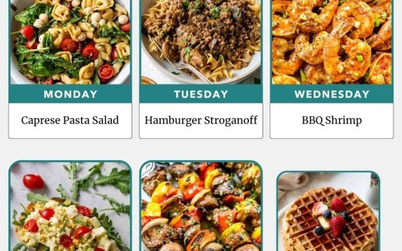Weekly meal plan with photos: Caprese pasta salad, stroganoff, BBQ shrimp, egg salad, steak kabob, and healthy waffles.