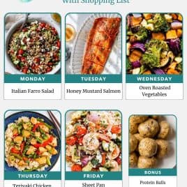 Weekly meal plan featuring farro salad, honey mustard salmon, roasted veggies, chicken stir fry, Mediterranean shrimp, and protein balls.